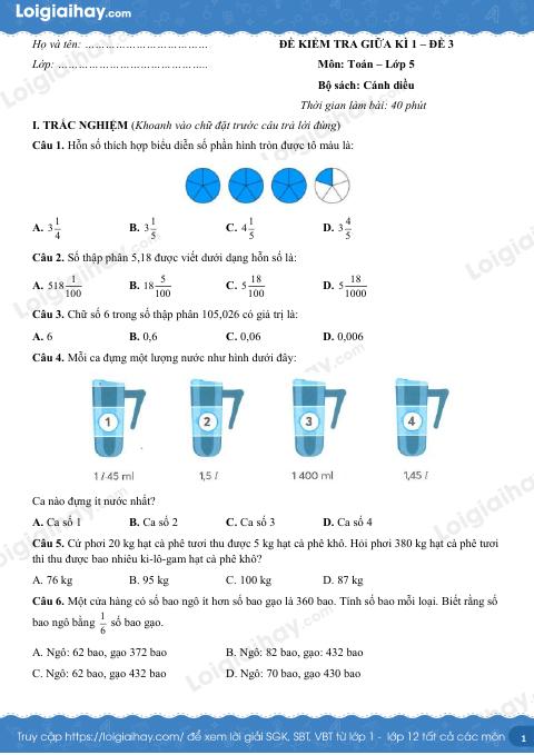 Đề kiểm tra giữa học kì 1 Toán 5 Cánh diều - Đề số 3